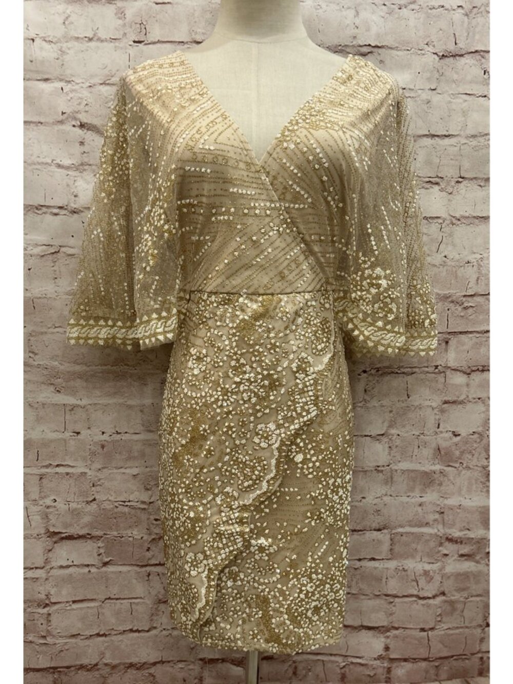 Hello Molly Womens Gold Metallic Sequined Sheer Mini Party Dress US Size 8 NEW